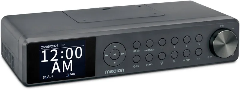 P66750 Keuken onderbouwradio (DAB+ keukenradio, PLL FM-radio, dimbaar TFT-kleurendisplay, kookwekker, Bluetooth, LED-strip, incl. montagemateriaal) by Medion in Grey – product photo