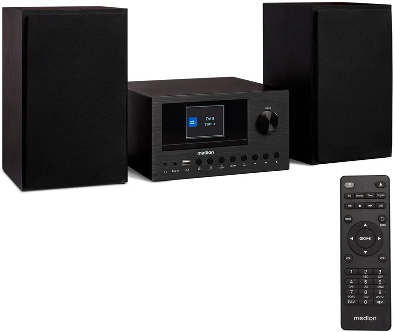 P85003 Micro-audiosysteem Compact systeem (internetradio, DAB+, PLL FM-radio, Bluetooth, USB-aansluiting, AUX, 2x150 W) van Medion in Zwart – productfoto