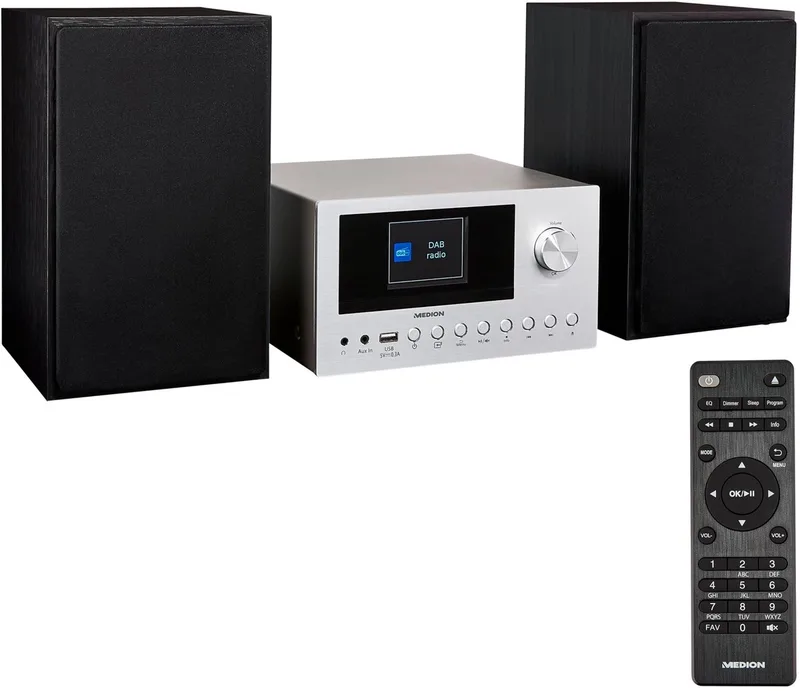 P85003 Micro audiosysteem (internetradio, DAB+, PLL FM-radio, Bluetooth, USB-aansluiting, AUX, 2x150 W) van Medion in Zilver – productfoto