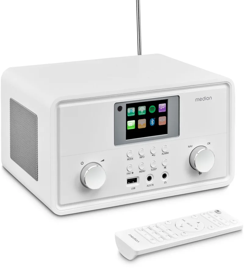 P85027 Internetradio (DAB Plus, FM-radio, Spotify Connect, WLAN, Bluetooth, Streaming, Equalizer, Kleurenbeeldscherm, USB, AUX, Wekker, Sluimerfunctie, Slaaptimer), MD88069 by Medion in White – product photo
