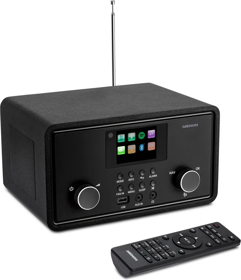 P85027 Internetradio (DAB Plus, FM-radio, Spotify Connect, WLAN, Bluetooth, Streaming, Equalizer, Kleurenbeeldscherm, USB, AUX, Wekker, Sluimerfunctie, Slaaptimer), MD88069 van Medion in Zwart – productfoto