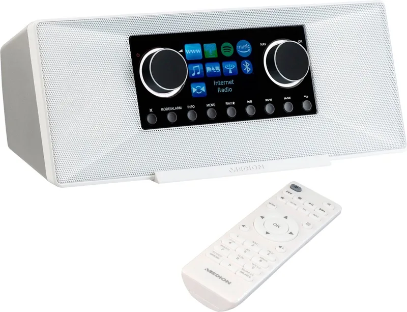 P85333 internetradio met DAB+ (wifi, FM, Spotify Connect, Amazon Music, USB, hoofdtelefoonaansluiting, AUX, stereo line-out cinch, slaaptimer) de Medion en Blanc – photo produit