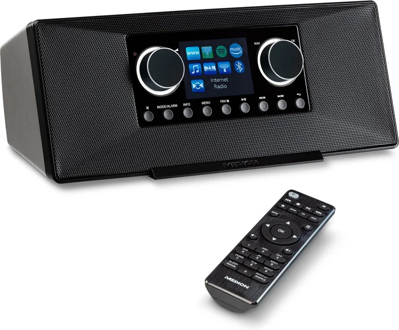 P85333 internetradio met DAB+ (wifi, FM, Spotify Connect, Amazon Music, DLNA, USB, hoofdtelefoonaansluiting, AUX, stereo line-out cinch, slaaptimer) van Medion in Zwart – productfoto