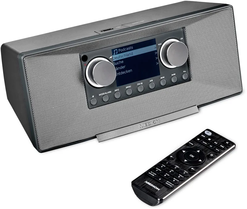 P85333 internetradio met DAB+ (wifi, FM, Spotify Connect, Amazon Music, DLNA, USB, hoofdtelefoonaansluiting, AUX, stereo line-out cinch, slaaptimer) van Medion in Grijs – productfoto