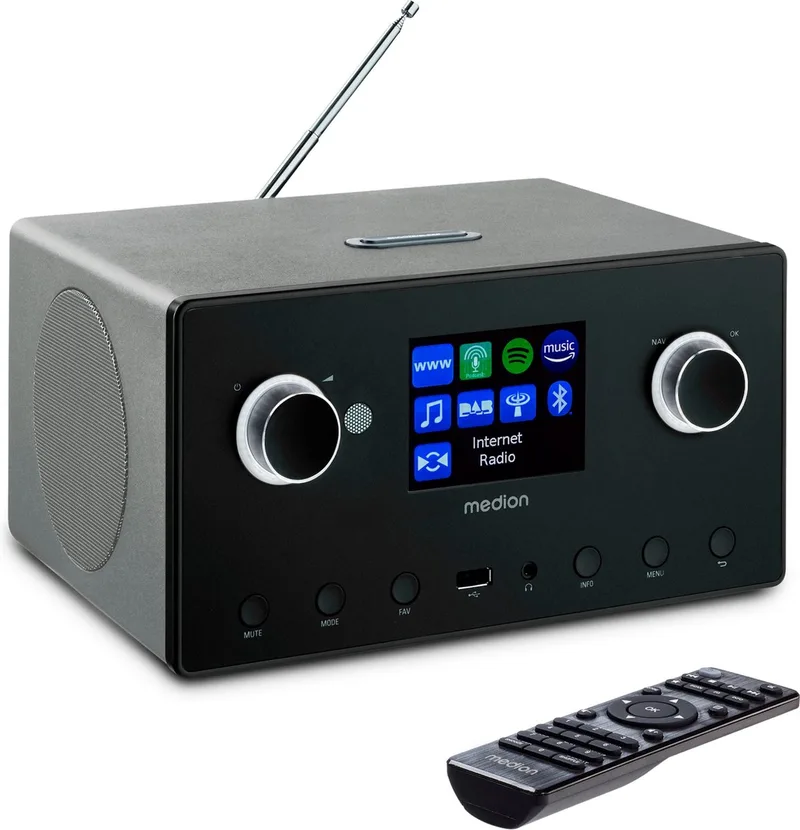 P85444 2.1 internetradio met subwoofer (DAB+, FM-radio, Spotify Connect, wifi, Bluetooth, streaming, equalizer, kleurendisplay, USB, AUX, wekker, sluimerfunctie, slaaptimer) zwart by Medion in Titanium – product photo