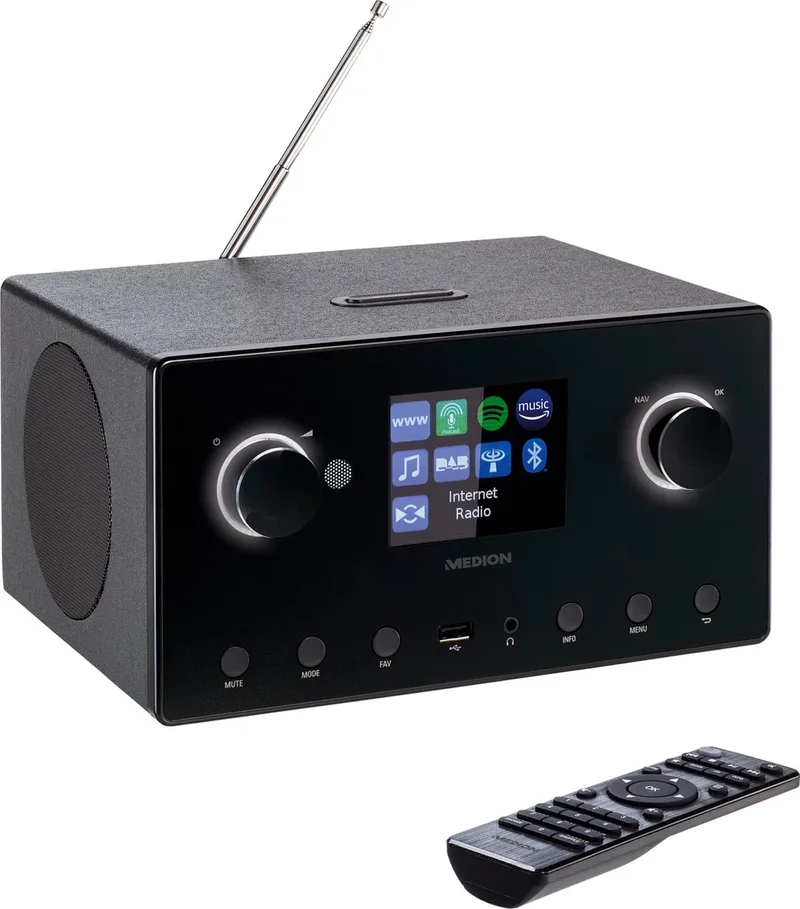 P85444 2.1 Internetradio met Subwoofer (DAB+, UKW Radio, Spotify Connect, WLAN, Bluetooth, Streaming, Equalizer, kleurendisplay, USB, AUX, wekker, sluimerfunctie, slaaptimer) van Medion in Zwart – productfoto