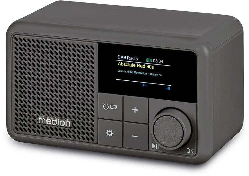 S66822 Draagbare mini DAB+ radio met Bluetooth (accu tot 6,5 uur, klein, dimbaar kleurendisplay, telescoopantenne, wekker, AUX, USB-C) by Medion in Grey – product photo