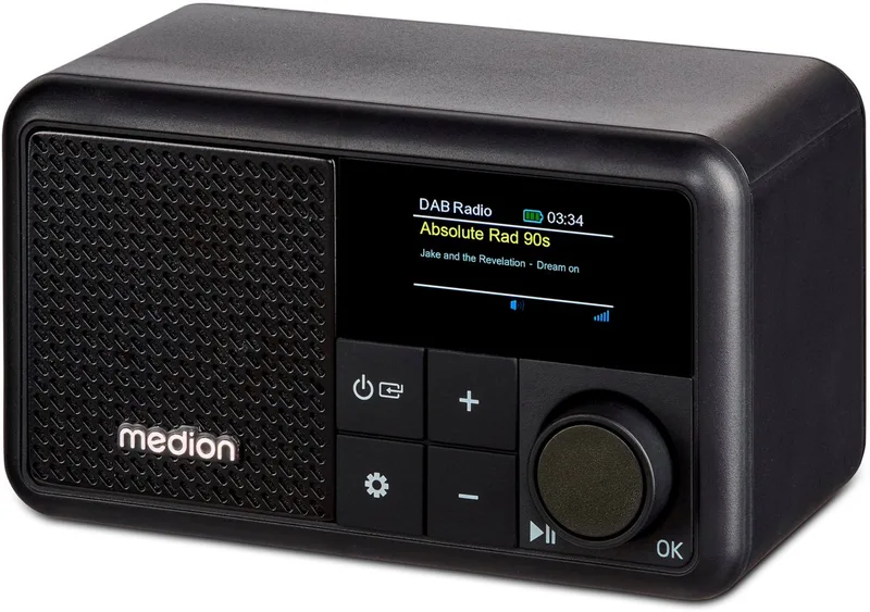 S66822 Draagbare mini-DAB+-radio met Bluetooth (batterij met een gebruiksduur tot 6,5 uur, klein, dimbaar kleurendisplay, telescoopantenne, slaaptimer, wekker, snooze, AUX, USB-C) van Medion in Zwart – productfoto