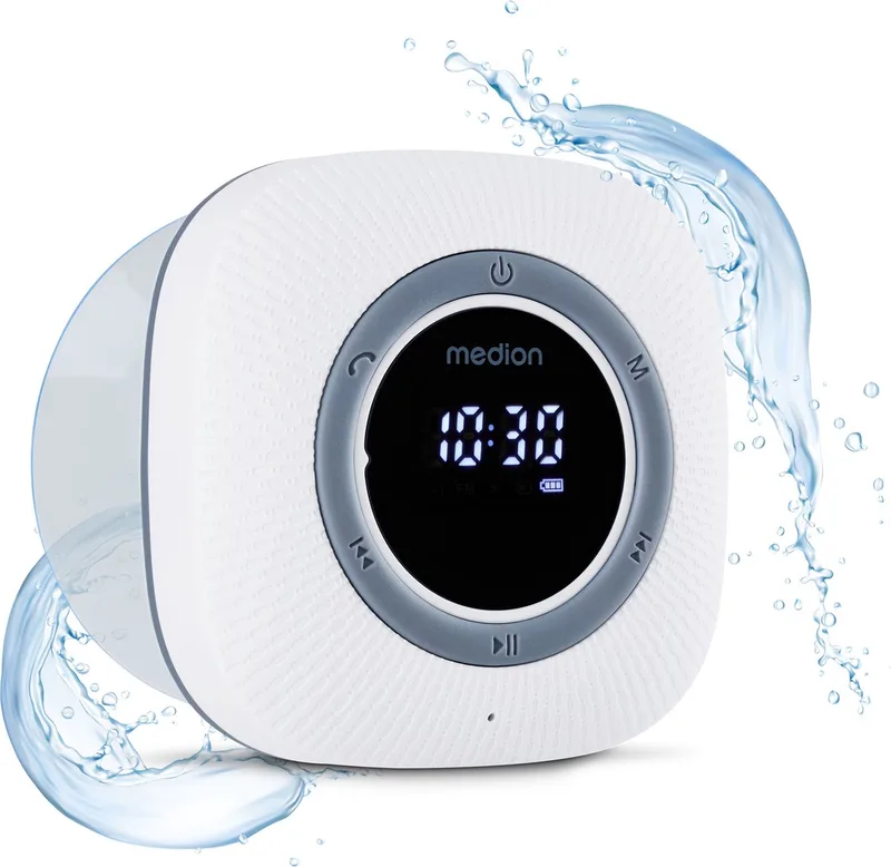 S66884 Douche radio met Bluetooth (badkamerradio, FM radio, zuignap, LED display, IPX6 waterproof, geïntegreerde oplaadbare batterij, MD43884) van Medion in Wit – productfoto