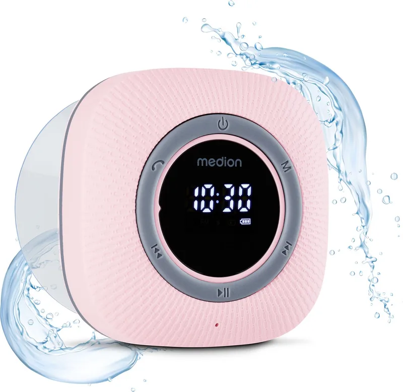 S66884 Douche radio met Bluetooth (badkamerradio, FM radio, zuignap, LED display, IPX6 waterproof, geïntegreerde oplaadbare batterij, MD43884) van Medion in Roze – productfoto