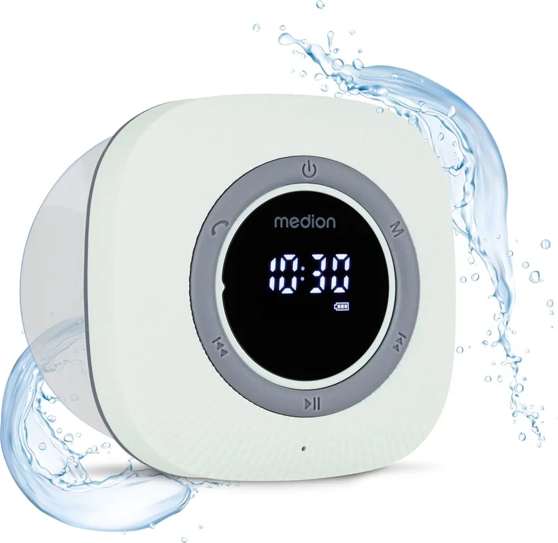 S66884 Douche radio met Bluetooth (badkamerradio, FM radio, zuignap, LED display, IPX6 waterproof, geïntegreerde oplaadbare batterij, MD43884) van Medion in Groen – productfoto