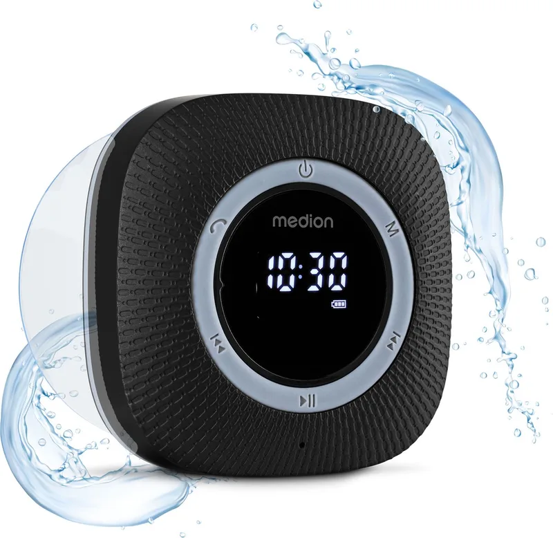 S66884 Douche radio met Bluetooth (badkamerradio, FM radio, zuignap, LED display, IPX6 waterproof, geïntegreerde oplaadbare batterij, MD43884) van Medion in Zwart – productfoto