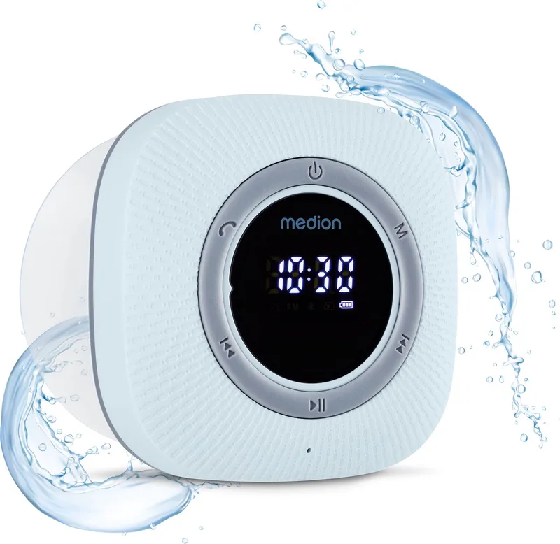 S66884 Douche radio met Bluetooth (badkamerradio, FM radio, zuignap, LED display, IPX6 waterproof, geïntegreerde oplaadbare batterij, MD43884) van Medion in Blauw – productfoto