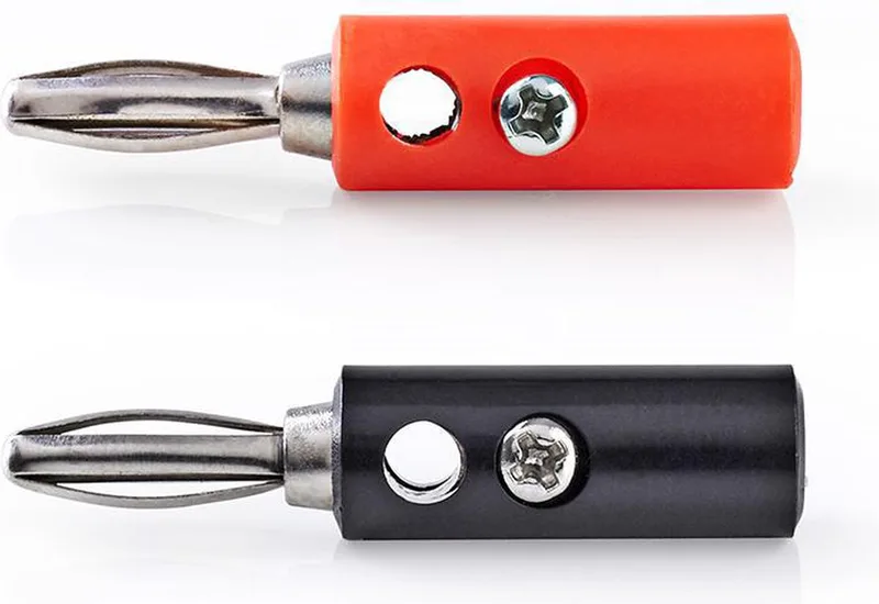 Banaanstekker - Recht - Male - Vernikkeld - Schroef - Diameter kabelinvoer: 4.5 mm - Polyvinylchloride (PVC) - Zwart - 4 Stuks - Doos by Nedis in Red – product photo