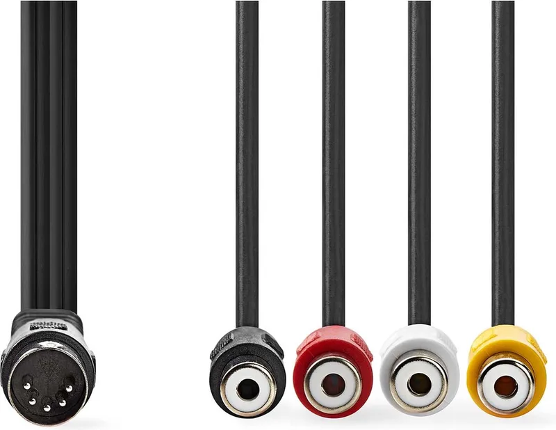 DIN-Audiokabel - DIN 5-Pins Male - 4x RCA Female - Vernikkeld - 0.20 m - Rond - PVC - Label van Nedis in Zwart – productfoto