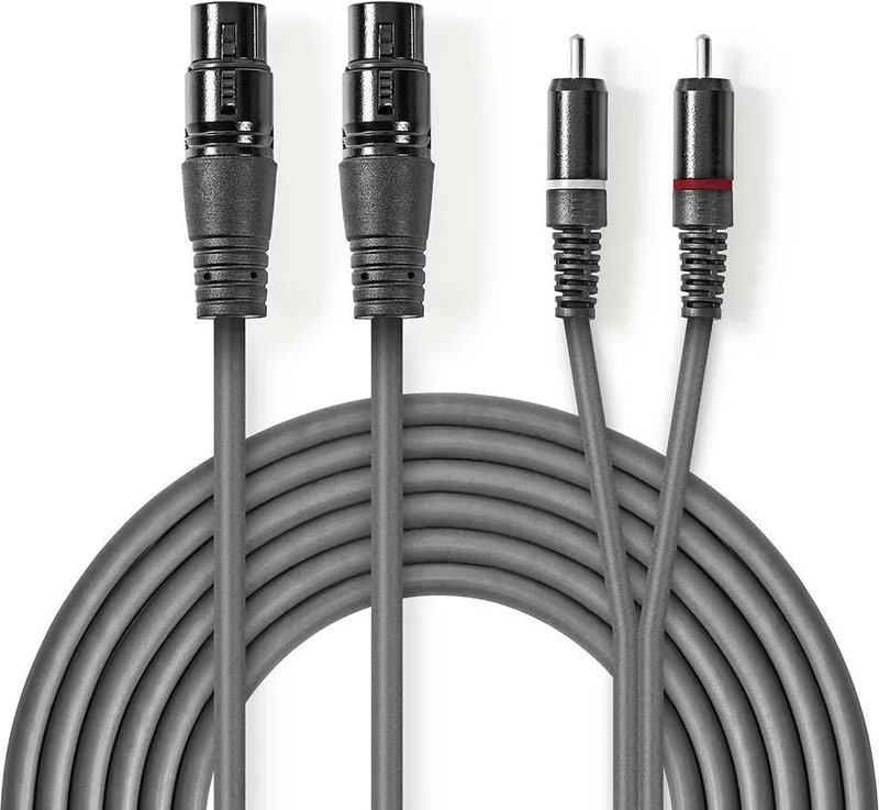Gebalanceerde Audiokabel - 2x XLR 3-Pins Female - 2x RCA Male - Vernikkeld - 3.00 m - Rond - PVC - Kartonnen Sleeve by Nedis in Dark grey – product photo