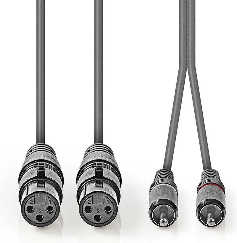 Gebalanceerde Audiokabel - 2x XLR 3-Pins Female - 2x RCA Male - Vernikkeld - 1.50 m - Rond - PVC - Kartonnen Sleeve van Nedis in Donkergrijs – productfoto