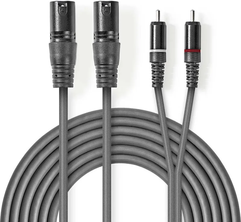 Gebalanceerde Audiokabel - 2x XLR 3-Pins Male - 2x RCA Male - Vernikkeld - 3.00 m - Rond - PVC - Kartonnen Sleeve van Nedis in Donkergrijs – productfoto