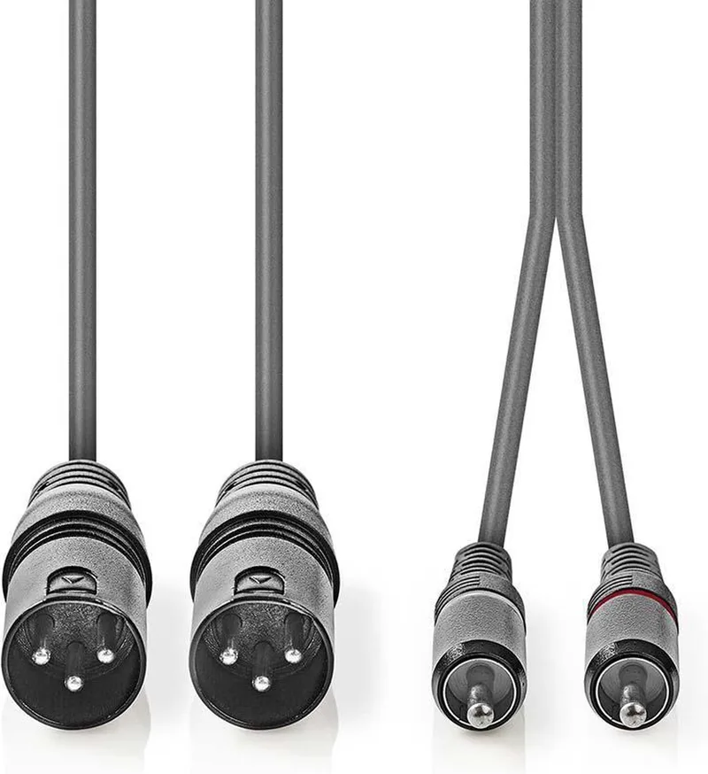 Gebalanceerde Audiokabel - 2x XLR 3-Pins Male - 2x RCA Male - Vernikkeld - 1.50 m - Rond - PVC - Kartonnen Sleeve van Nedis in Donkergrijs – productfoto