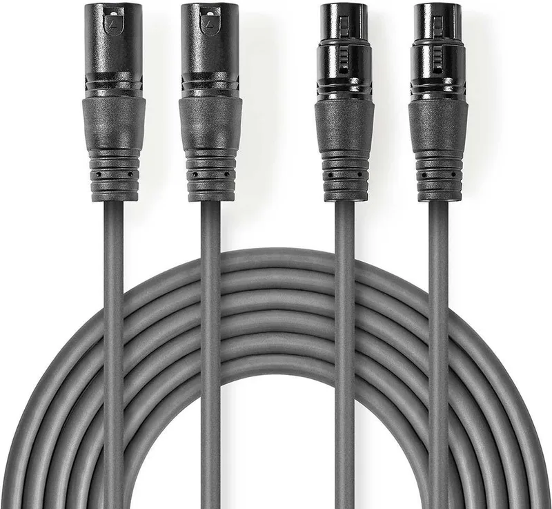 Gebalanceerde Audiokabel - 2x XLR 3-Pins Male - 2x XLR 3-Pins Female - Vernikkeld - 5.00 m - Rond - PVC - Kartonnen Sleeve van Nedis in Donkergrijs – productfoto