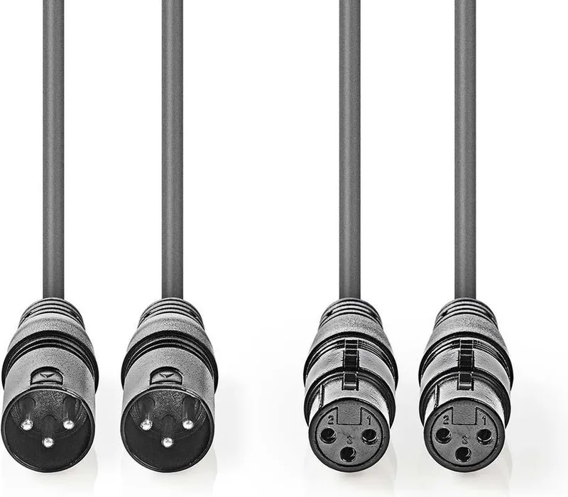 Gebalanceerde Audiokabel - 2x XLR 3-Pins Male - 2x XLR 3-Pins Female - Vernikkeld - 0.50 m - Rond - PVC - Kartonnen Sleeve van Nedis in Donkergrijs – productfoto