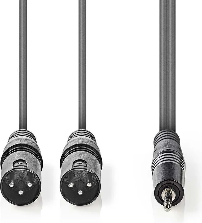 Gebalanceerde Audiokabel - 2x XLR 3-Pins Male - 3,5 mm Male - Vernikkeld - 3.00 m - Rond - PVC - Kartonnen Sleeve van Nedis in Donkergrijs – productfoto