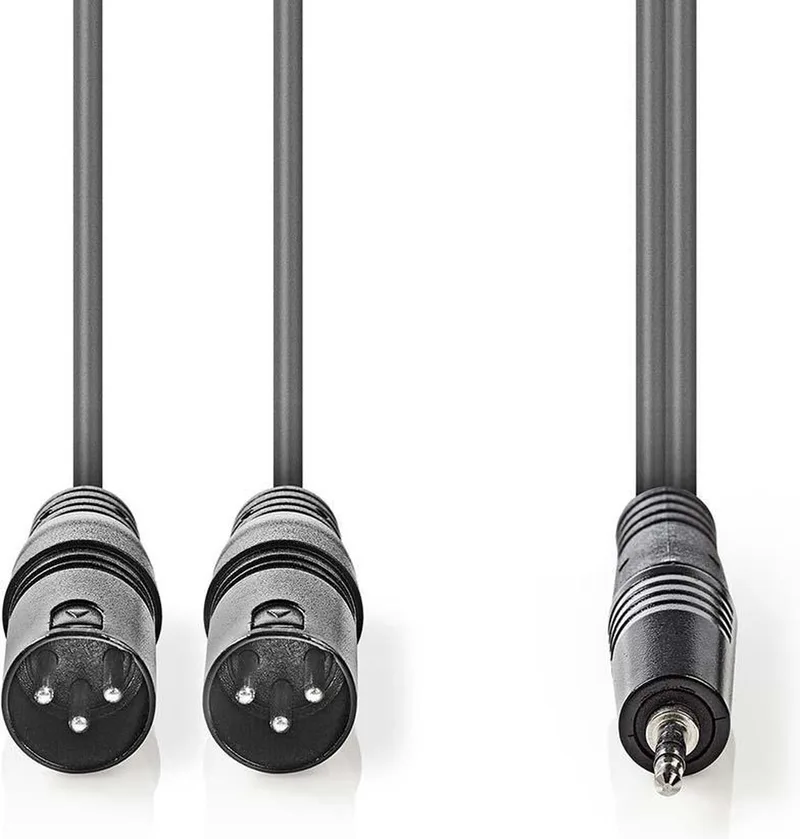 Gebalanceerde Audiokabel - 2x XLR 3-Pins Male - 3,5 mm Male - Vernikkeld - 1.50 m - Rond - PVC - Kartonnen Sleeve van Nedis in Donkergrijs – productfoto