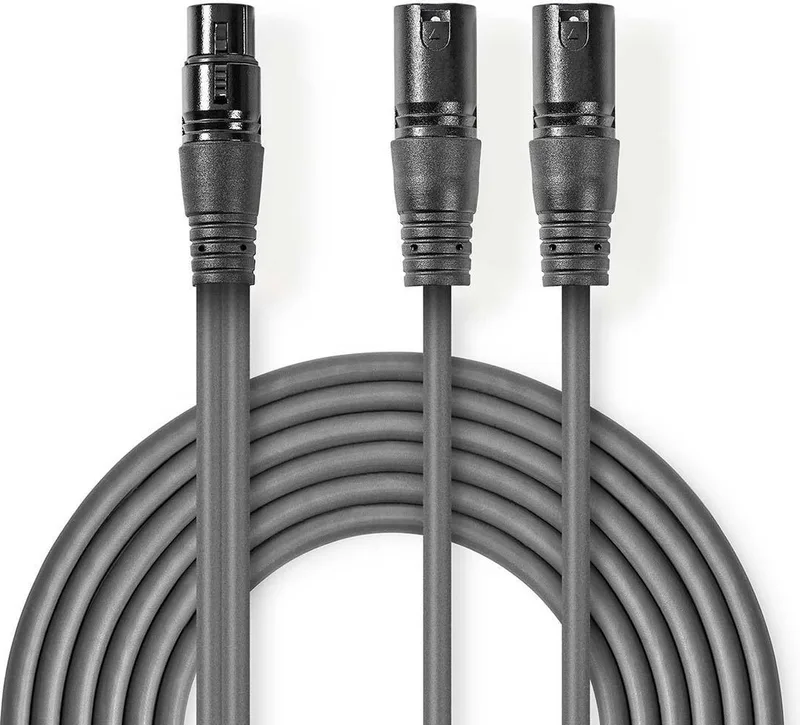 Gebalanceerde Audiokabel - 2x XLR 3-Pins Male - XLR 3-Pins Female - Vernikkeld - 1.50 m - Rond - PVC - Kartonnen Sleeve van Nedis in Donkergrijs – productfoto