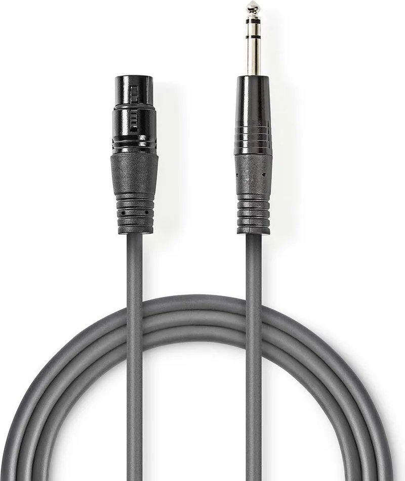 Gebalanceerde Audiokabel - XLR 3-Pins Female - 6,35 mm Male - Vernikkeld - 1.50 m - Rond - PVC - Kartonnen Sleeve van Nedis in Donkergrijs – productfoto