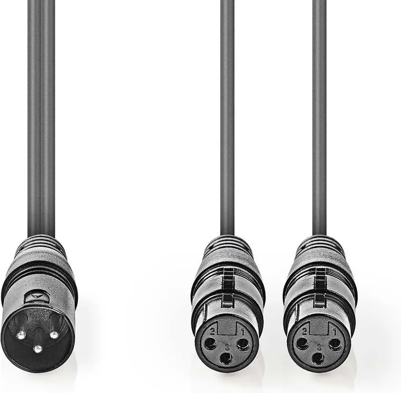 Gebalanceerde Audiokabel - XLR 3-Pins Male - 2x XLR 3-Pins Female - Vernikkeld - 1.50 m - Rond - PVC - Kartonnen Sleeve by Nedis in Dark grey – product photo