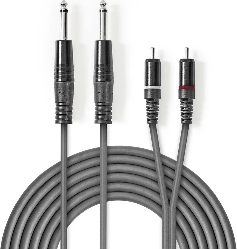 Stereo-Audiokabel - 2x 6,35 mm Male - 2x RCA Male - Vernikkeld - 1.50 m - Rond - Kartonnen Sleeve by Nedis in Dark grey – product photo