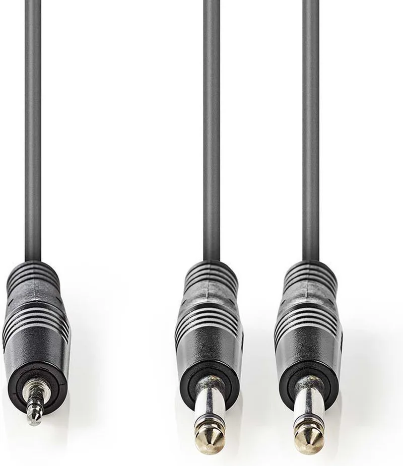 Stereo-Audiokabel - 2x 6,35 mm Male - 3,5 mm Male - Vernikkeld - 5.00 m - Rond - Kartonnen Sleeve de Nedis en Gris foncé – photo produit