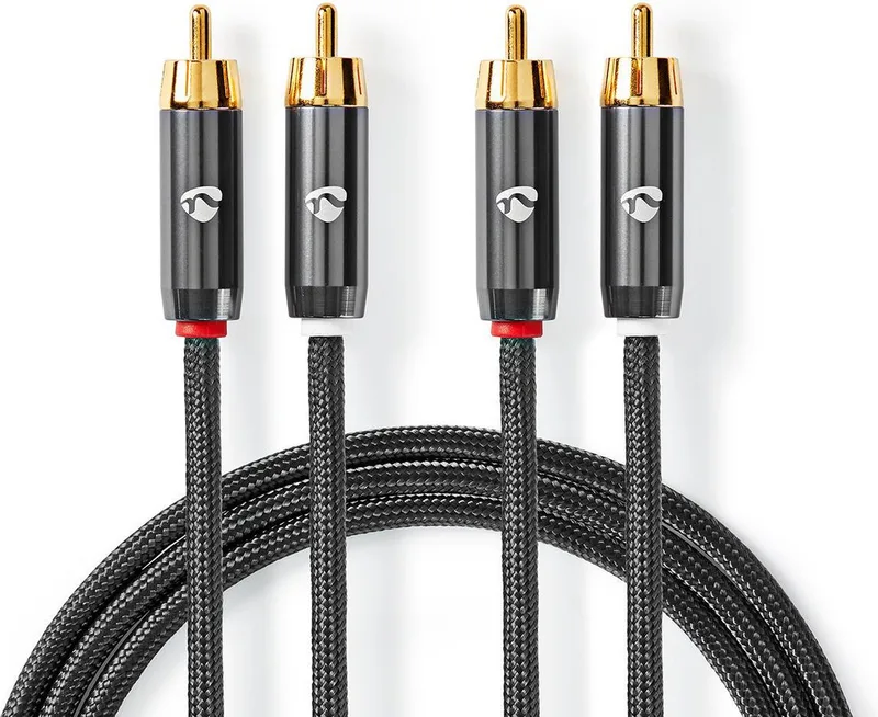 Stereo-Audiokabel - 2x RCA Male - 2x RCA Male - Verguld - 1.00 m - Rond - Grijs / Cover Window Box by Nedis in Gun Metal Grijs – product photo