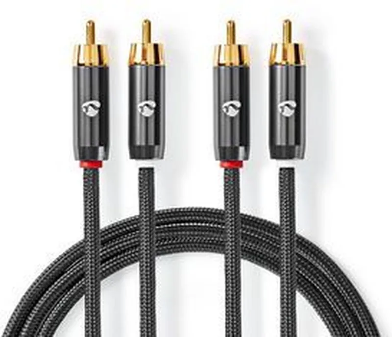 Stereo-Audiokabel - 2x RCA Male - 2x RCA Male - Verguld - 2.00 m - Rond - Grijs / Gun Metal Grijs - Cover Window Box de Nedis en Gris – photo produit