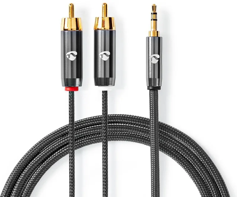 Stereo-Audiokabel - 3,5 mm Male - 2x RCA Male - Verguld - 2.00 m - Rond - Grijs / Gun Metal Grijs - Cover Window Box by Nedis in Grey – product photo