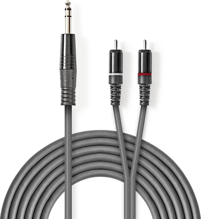 Stereo-Audiokabel - 6,35 mm Male - 2x RCA Male - Vernikkeld - 3.00 m - Rond - Kartonnen Sleeve van Nedis in Donkergrijs – productfoto