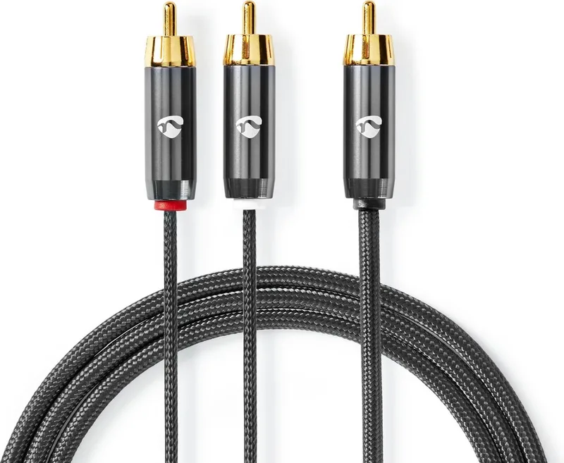 Subwoofer-Kabel - RCA Male - 2x RCA Male - Verguld - 3.00 m - Rond - 4.5 mm - Grijs / Gun Metal Grijs - Cover Window Box van Nedis in Grijs – productfoto