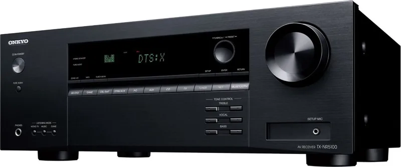 TX-NR5100 Black AV-receiver | 7.2 | DAB+ radio, FM radio, internetradio | Bluetooth | Wi-Fi | Multiroom | Works with Sonos | DTS Play-Fi | AirPlay 2 | Chromecast | Streaming Services | 8K | HDMI 2.1 | Klipsch Optimize Mode van Onkyo in Zwart – productfoto
