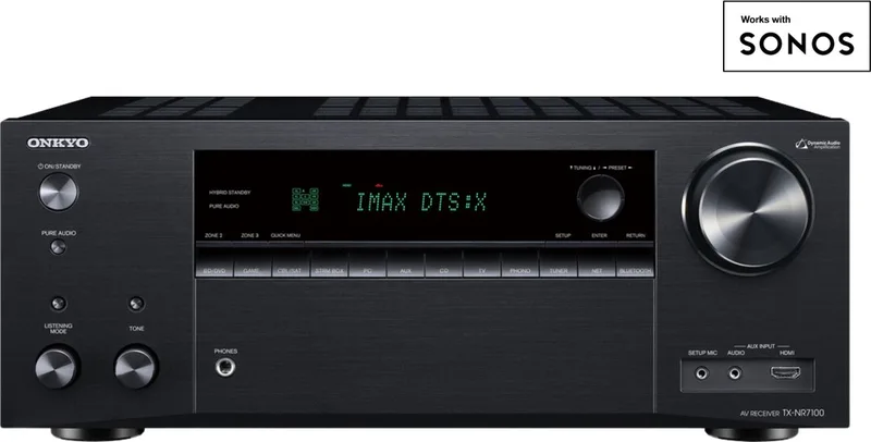 TX-NR7100 Black AV-receiver | 9.2 | DAB+ , FM , internetradio | Bluetooth | Wi-Fi | Multiroom | Works with Sonos | DTS Play-Fi | AirPlay 2 | Chromecast | Streaming Services | 8K | HDMI 2.1 | Klipsch Optimize Mode | THX Select van Onkyo in Zwart – productfoto