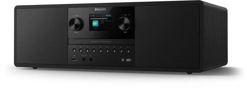 TAM6500 Watt micromuzieksysteem, Bluetooth 6.0, Auracast, DAB+/FM-radio, CD/USB/audio-ingang, Bassreflex-luidsprekers, kleurenscherm, afstandsbediening, gerecycled plastic van Philips in Zwart – productfoto
