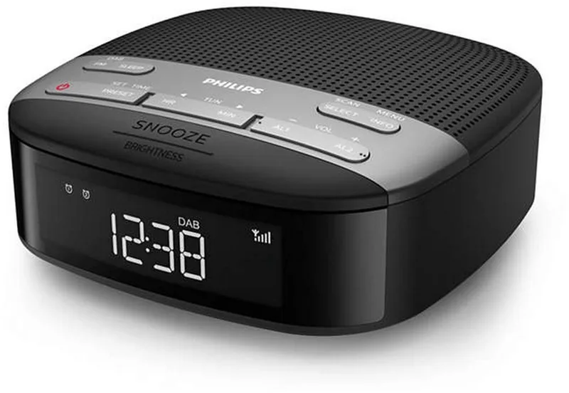 TAR3505 - Digitale wekkerradio DAB+, Dubbel Alarm, Slaaptimer, Compact Ontwerp, Dab+/Fm-Digitale Radio, Automatische Tijdsynchronisatie, Batterijbeveiliging, 13.1 x 13.1 x 5.4 cm van Philips in Zwart – productfoto
