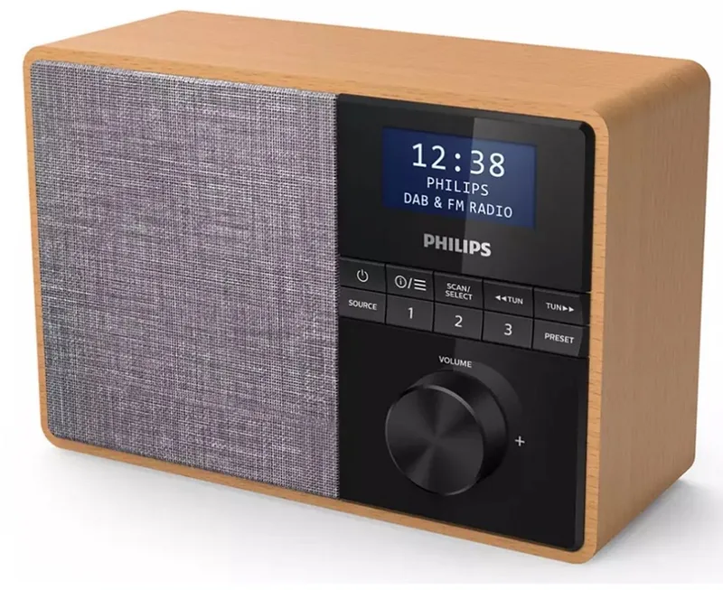 TAR5505 - Draagbare Radio Met Bluetooth - Houten Behuizing - DAB+/FM-Radio, - Luidsprekerdriver - Keukentimer - Keukenradio - Netspanning Of Batterijvoeding van Philips in Grijs – productfoto