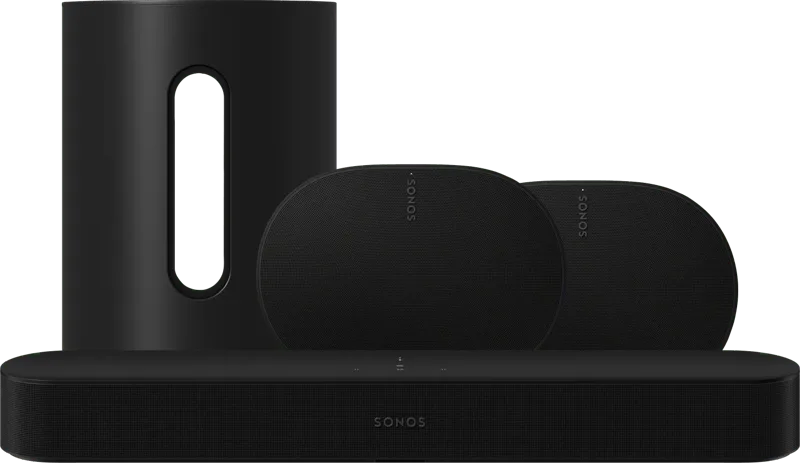 Beam Gen2 Zwart + 2x Era 300 Zwart + Sub Mini Zwart van Sonos – productfoto