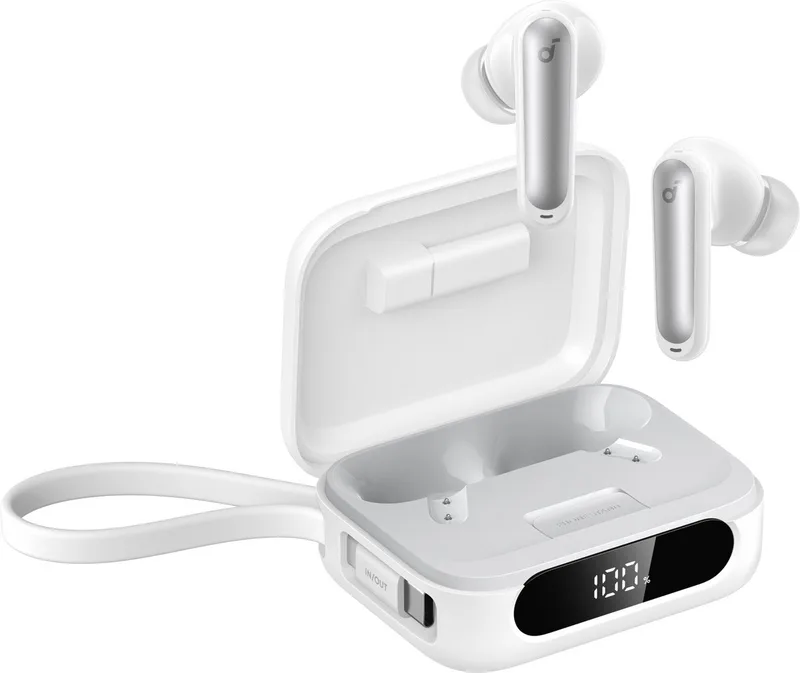 P41i adaptieve earbuds met noise cancelling - Draagbare oplader en Lightning-adapter - 12 uur speeltijd - 192 uur met case - 6 microfoons voor heldere gesprekken - IPX5 draadloze Bluetooth earbuds - Bluetooth 5.3 van Soundcore in Wit – productfoto