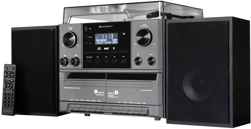 MCD5600SW - muziekcenter met platenspeler, bluetooth, CD, dubbel Cassette deck, encoding USB en DAB+ van Soundmaster in Zwart – productfoto