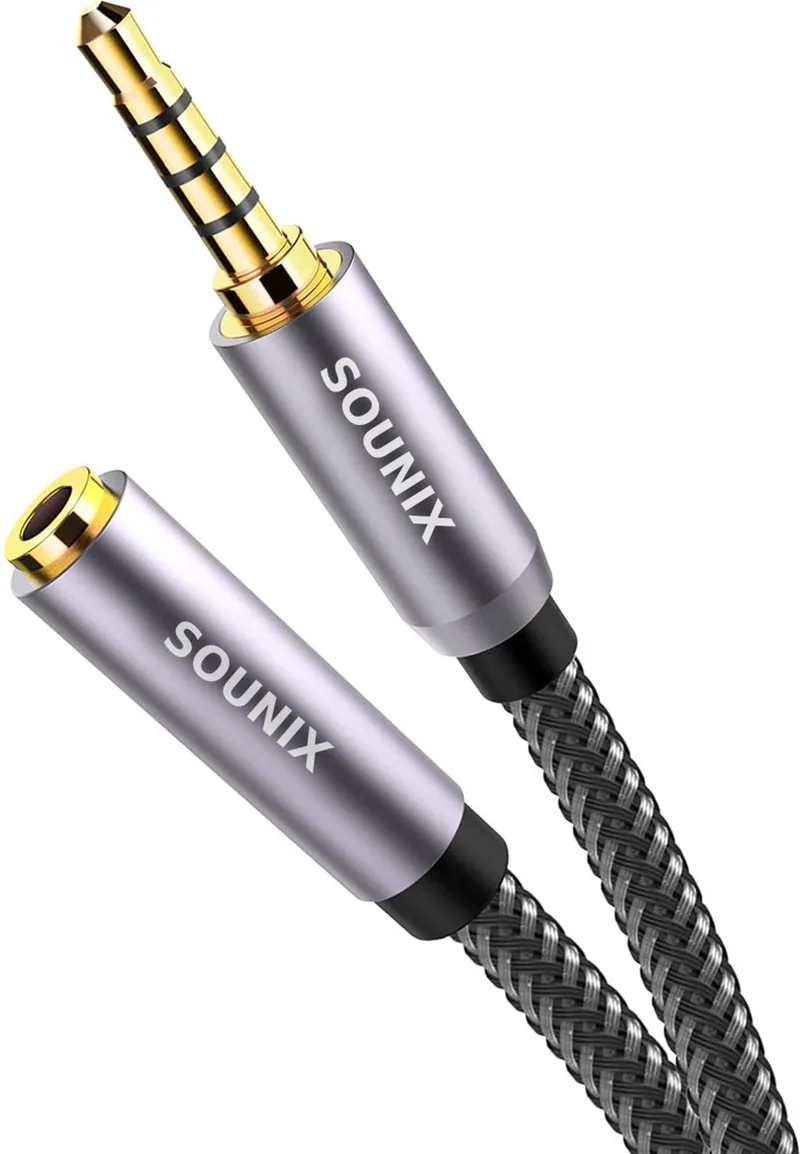 AUX Kabel - Verlengkabel voor hoofdtelefoon - Stereo Audio Verlengkabel 3.5 mm - 2 meter - 4-polig - Male naar 3,5 mm Female - TRRS - Gold Plated van Sounix in Zwart, Grijs – productfoto