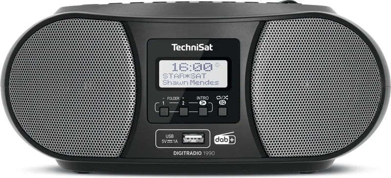 DIGITRADIO 1990 - Stereo-boombox met DAB+/FM-radio en CD-speler (Bluetooth-audiostreaming, hoofdtelefoonaansluiting, USB, AUX in, oplaadfunctie, klok, 2 x 1,5 watt uitgangsvermogen) by Technisat in Black – product photo 1 of 2