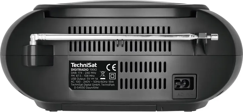 DIGITRADIO 1990 - Stereo-boombox met DAB+/FM-radio en CD-speler (Bluetooth-audiostreaming, hoofdtelefoonaansluiting, USB, AUX in, oplaadfunctie, klok, 2 x 1,5 watt uitgangsvermogen) by Technisat in Black – product photo 2 of 2