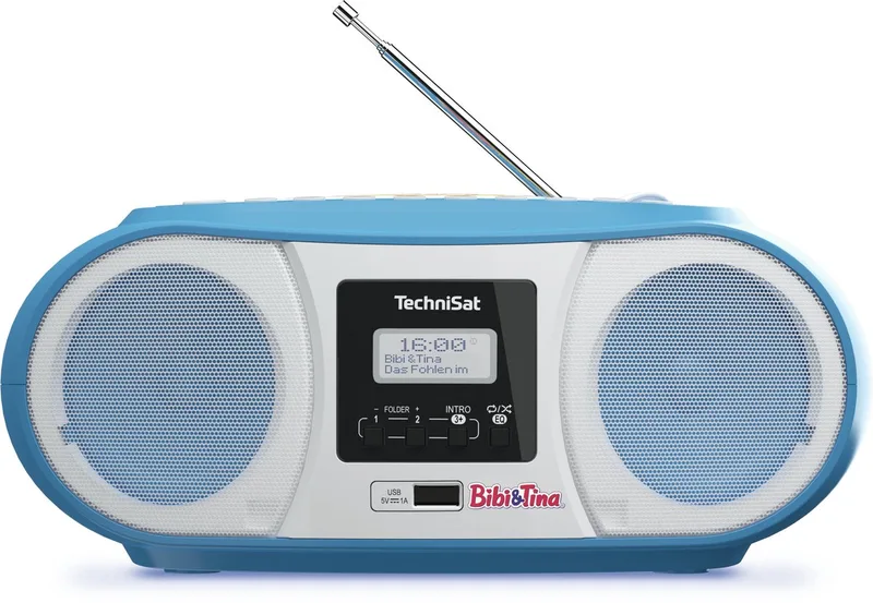 DIGITRADIO 1990 - Stereo-boombox met DAB+/FM-radio en CD-speler (Bluetooth-audiostreaming, hoofdtelefoonaansluiting, USB, AUX in, oplaadfunctie, klok, 2 x 1,5 watt uitgangsvermogen) van Technisat in Bibi & Tina – productfoto