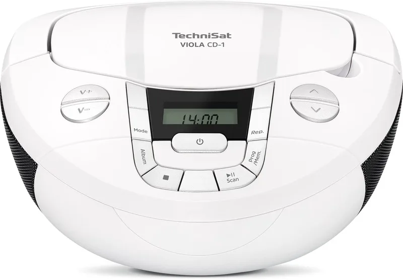 VIOLA CD-1 - draagbare stereo cd-speler, Boombox met praktische draaggreep (radio voor kinderen, FM-radiotuner, Bluetooth-ontvangst, 2 x 1 W RMS-vermogen, net- en batterijvoeding) van Technisat in Wit – productfoto